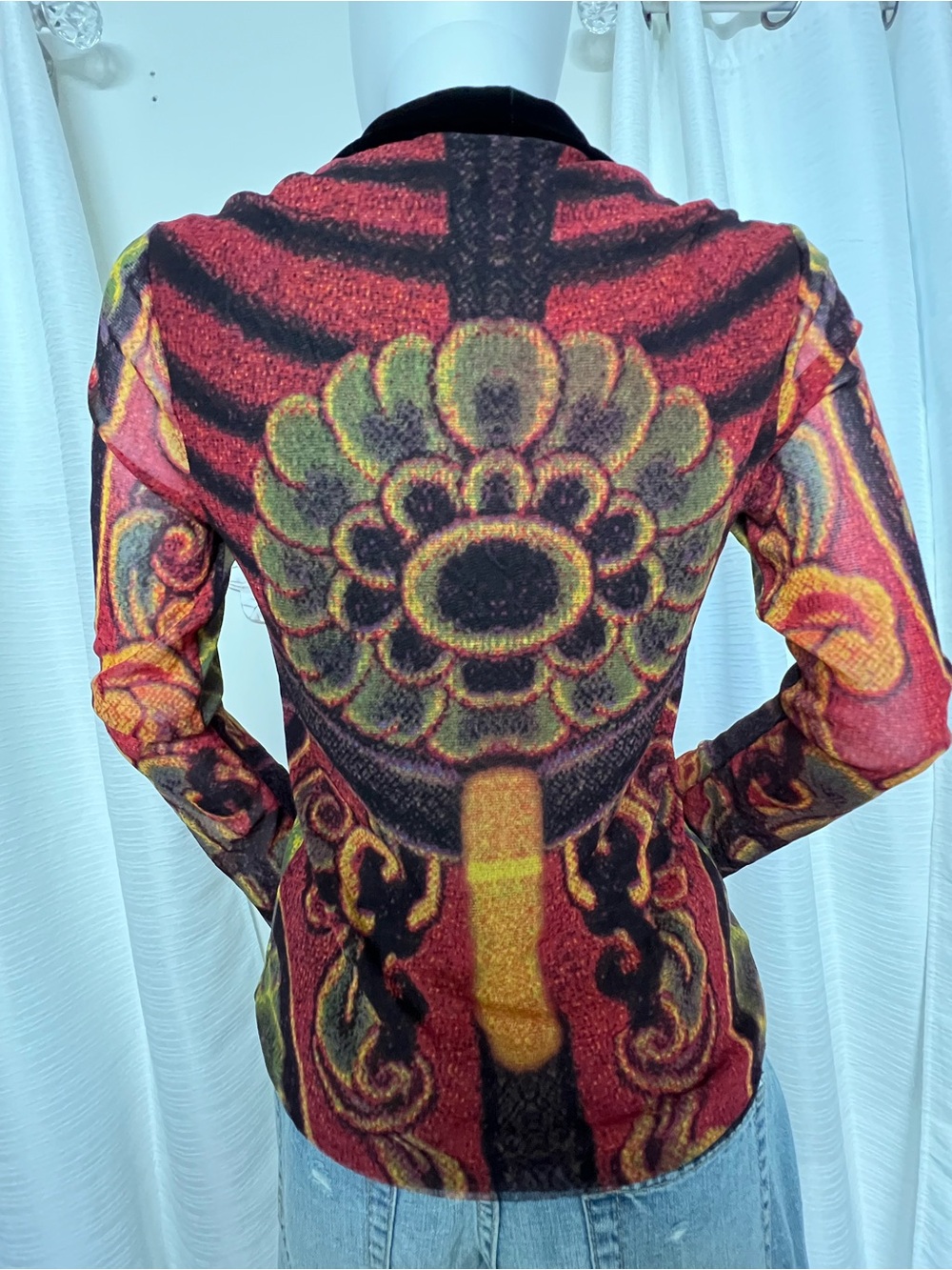 Vivienne Tam Long Sleeve Colorful Baroque Top – Velvet V-Neck | Size 1 - Picture 9 of 10